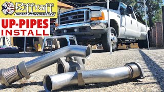 2001 F350 73  RiffRaff UpPipes Install  Stock up pipes leaking and falling apart JUNK SP [upl. by Demmy]