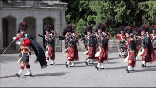 Black Watch Pipes and Drums lead the Royal Guard out of Balmoral Castle with pony mascot Cruachan IV [upl. by Yllut973]